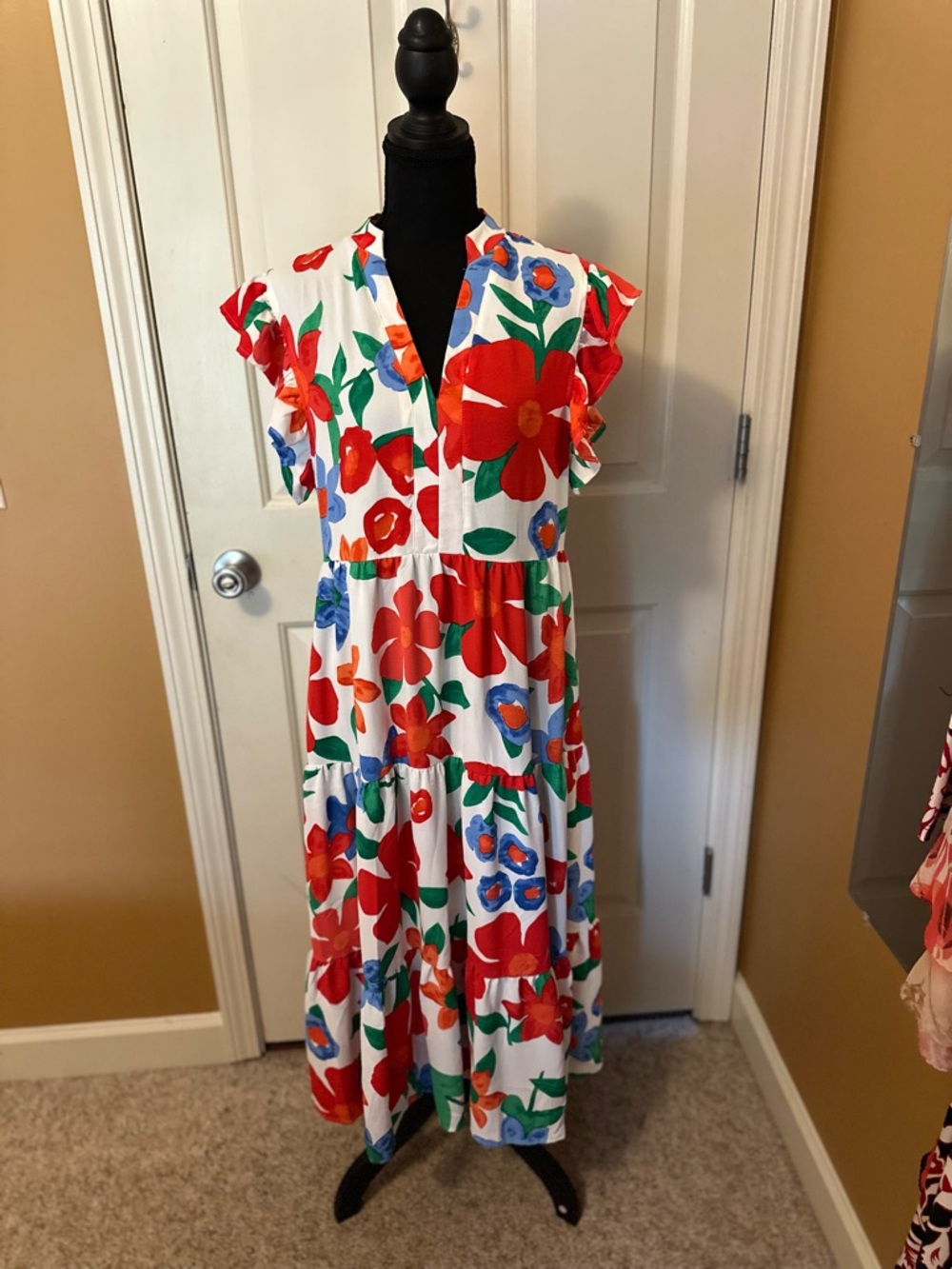 Floral Tiered Midi Dress in White with Red & Blue Blooms - Picture 2 of 9